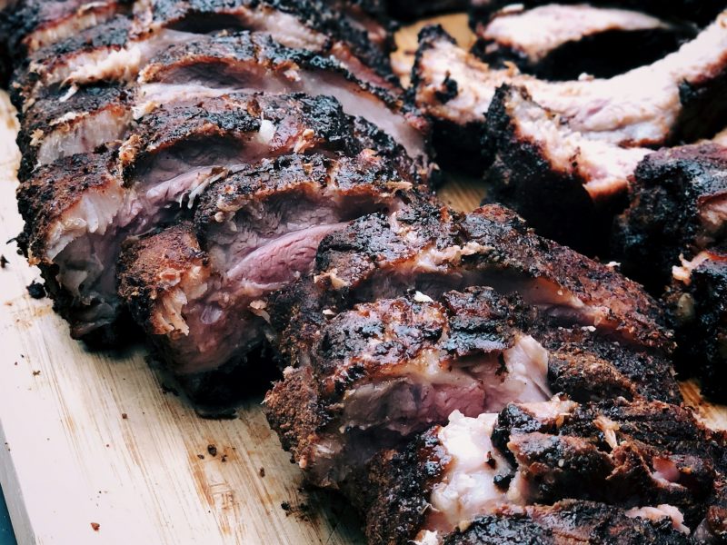 Sliced barbecue steak with a deeply browned crust